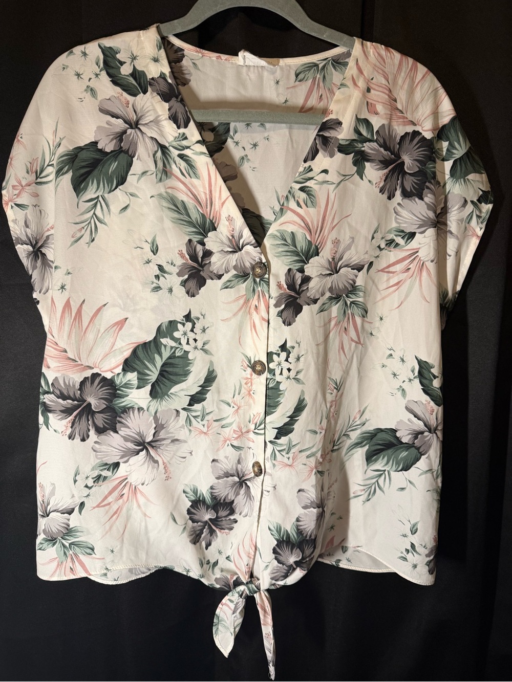 Sienna Sky Floral Button-Front Tie-Hem Top - Cream, Green & Pink